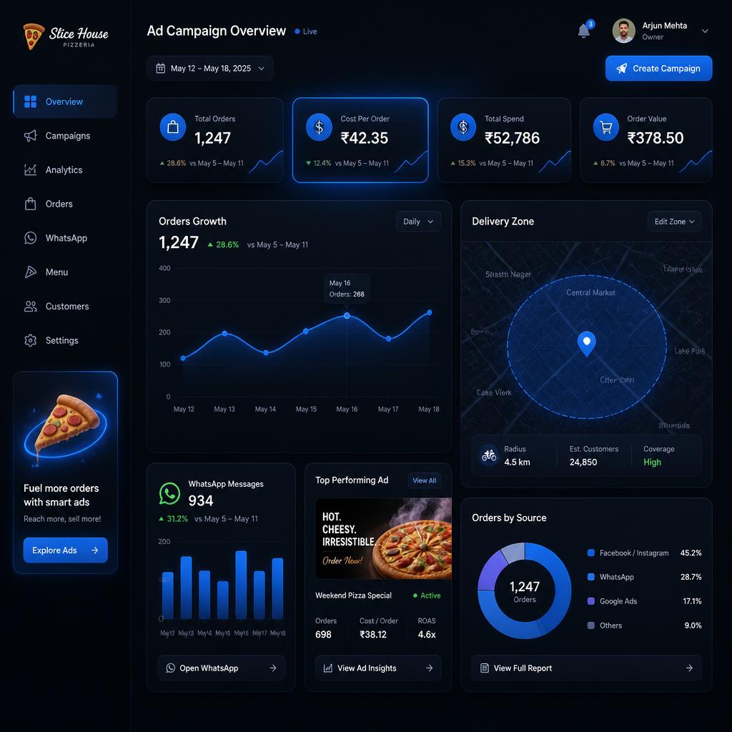 Painel de campanhas de anúncios para pizzaria com pedidos, custo por pedido e região de entrega